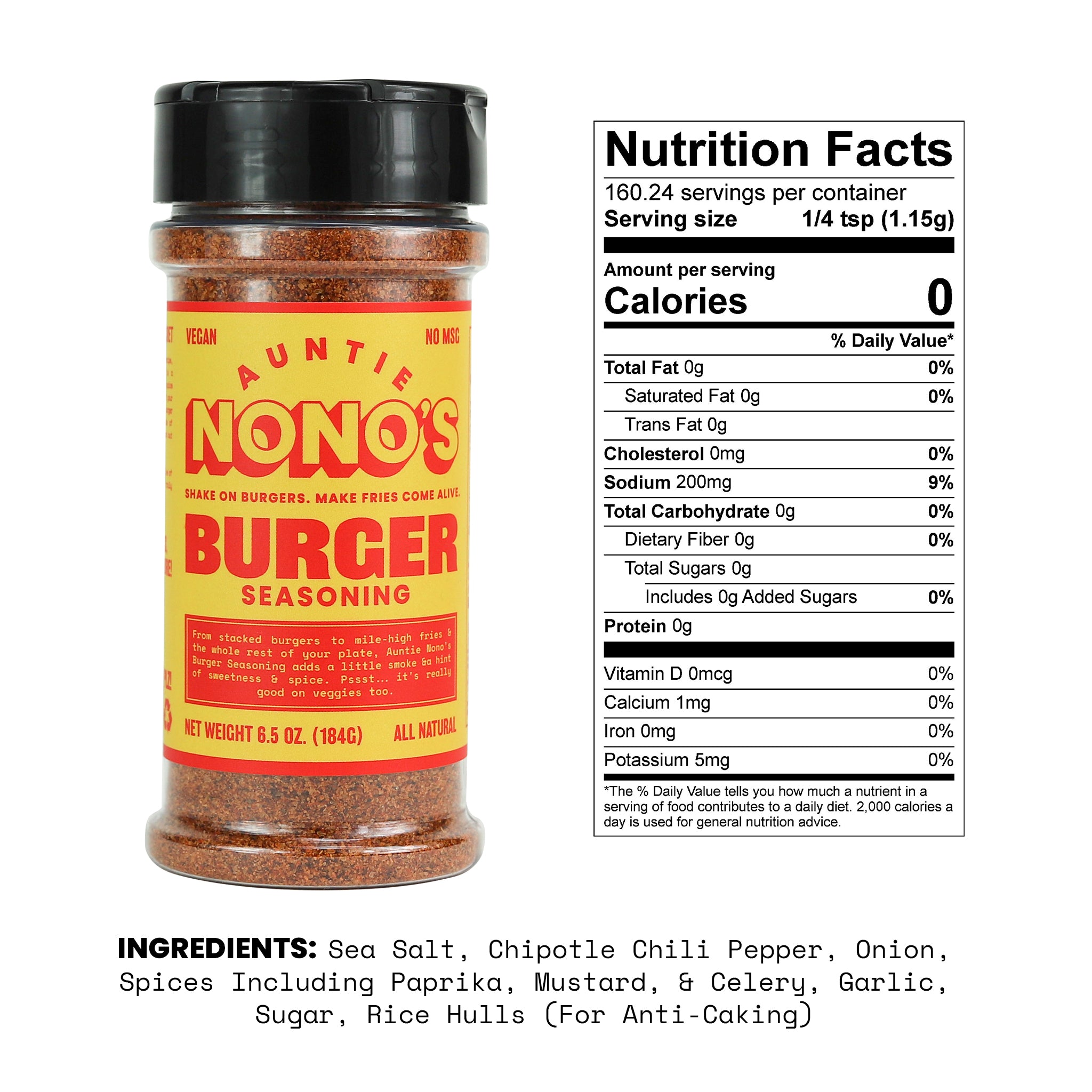 Auntie Nono's Burger Seasoning, All-Natural Smoke Seasoning for Burgers,  Steaks, Fries, Veggies, Pork, Grilling, BBQ, and Snacks, 3.8 oz.